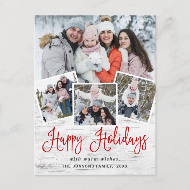 Christmas Rustic Birch 4 PHOTO Greeting Holiday Postcard (Front)