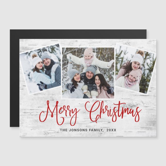 Christmas Rustic Birch Bark 3 PHOTO Magnetic Card (Front/Back)