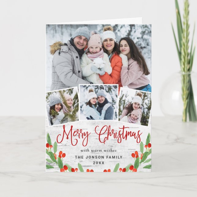 Christmas Rustic Birch Bark 4 PHOTO Greeting Holiday Card (Front)