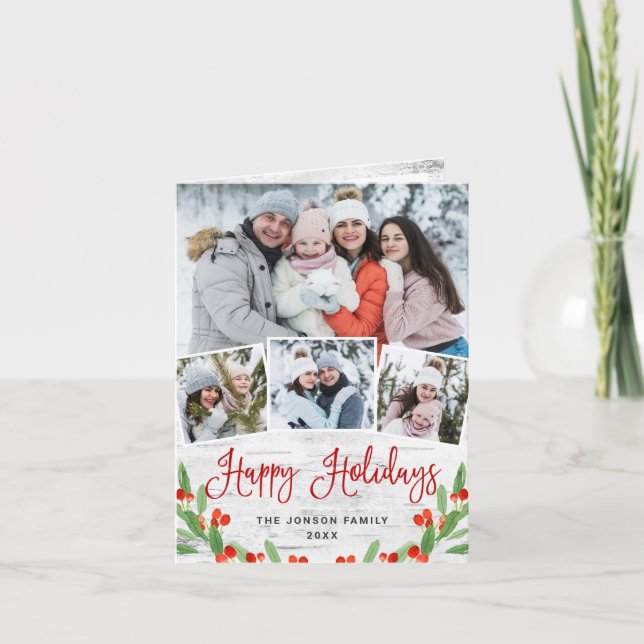 Christmas Rustic Birch Bark 4 PHOTO Greeting Holiday Card (Front)