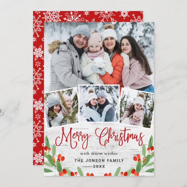 Christmas Rustic Birch Bark 4 PHOTO Greeting Holiday Card (Front/Back)