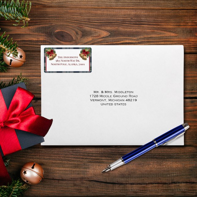 Christmas Rustic Blue Red Plaid Gold Bell Address Label (Creator Uploaded)