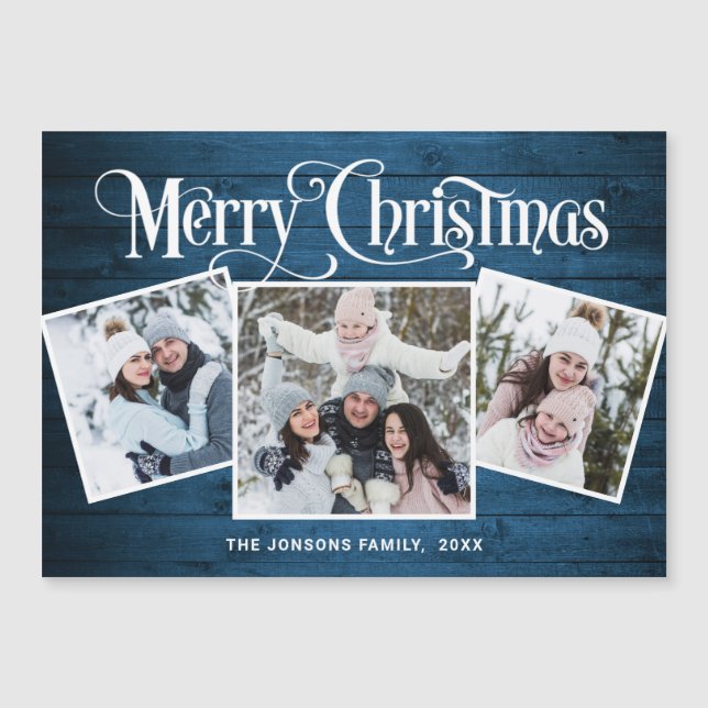 Christmas Rustic Blue Wood 3 PHOTO Magnetic Card (Front)