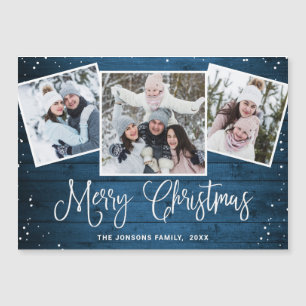 Christmas Rustic Blue Wood 3 PHOTO Magnetic Card