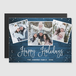 Christmas Rustic Blue Wood 3 PHOTO Magnetic Card