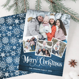 Christmas Rustic Blue Wood 4 PHOTO Greeting Holiday Card