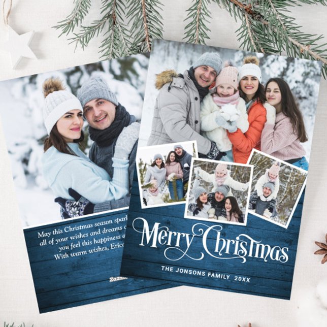 Christmas Rustic Blue Wood 5 PHOTO Greeting Holiday Card (Creator Uploaded)