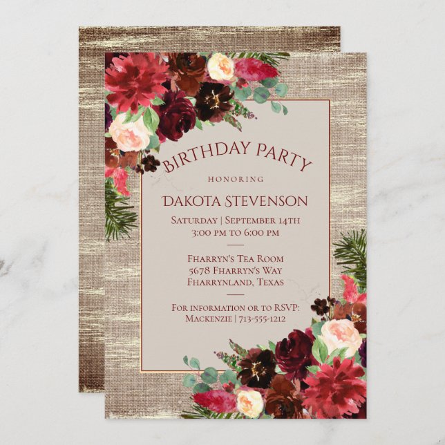 Christmas Rustic Boho Burgundy Gold Birthday Party Invitation (Front/Back)