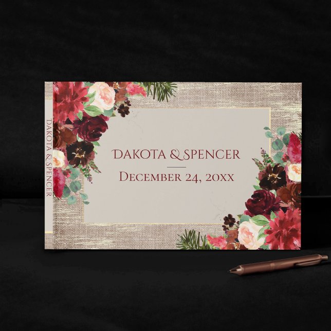 Christmas Rustic Boho Floral Burgundy Gold Burlap Guest Book (Creator Uploaded)