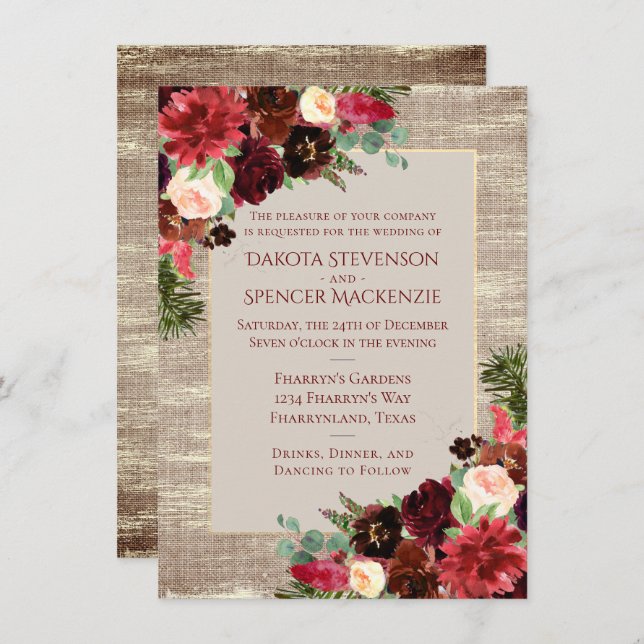 Christmas Rustic Boho Floral Burgundy Gold Burlap Invitation (Front/Back)