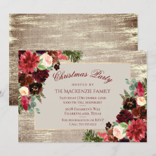 Christmas Rustic Boho Floral Burgundy Gold Party Invitation