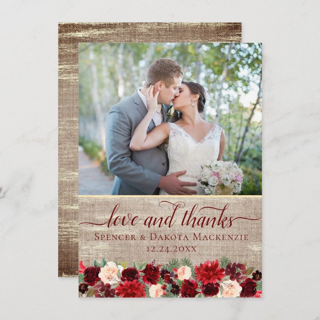 Christmas Rustic Boho Floral Burgundy Gold Photo Thank You Card (Front/Back)