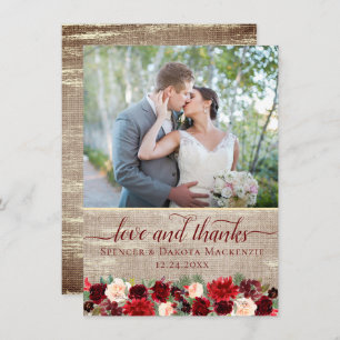 Christmas Rustic Boho Floral Burgundy Gold Photo Thank You Card