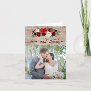 Christmas Rustic Boho Floral Burgundy Gold Photo Thank You Card