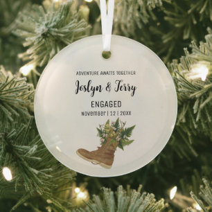 Christmas Rustic Boots Floral Bouquet Engagement Glass Tree Decoration