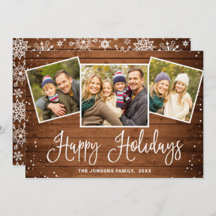 Christmas Rustic Brown Wood 3 PHOTO Greeting Holiday Card