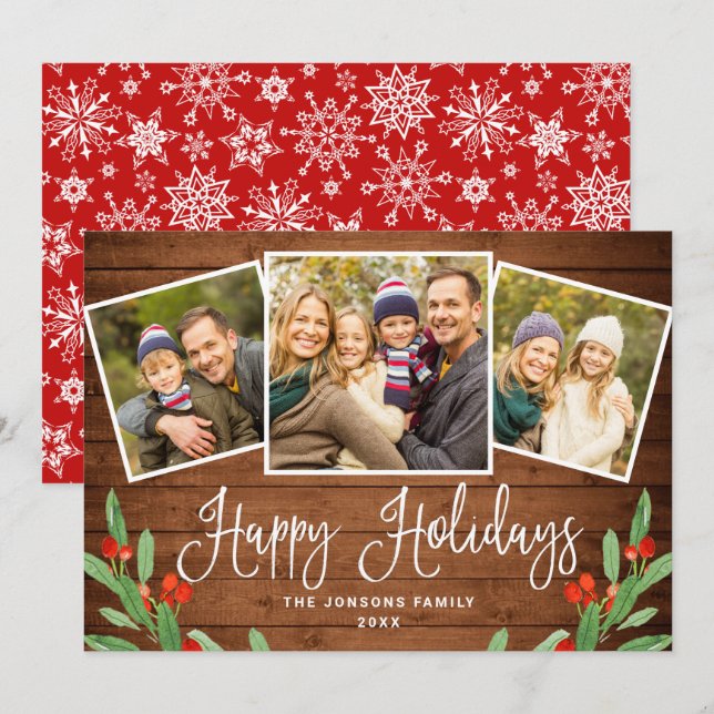 Christmas Rustic Brown Wood 3 PHOTO Greeting Holiday Card (Front/Back)