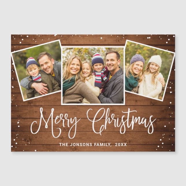 Christmas Rustic Brown Wood 3 PHOTO Magnetic Card (Front)
