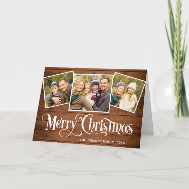 Christmas Rustic Brown Wood 4 PHOTO Greeting Boho Holiday Card (Front)