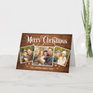Christmas Rustic Brown Wood 4 PHOTO Greeting Holiday Card