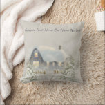 Christmas Rustic Cabin Winter Snow Woodland Forest Cushion<br><div class="desc">Features your custom text at the top, and a pretty woodland forest snow scene below. This whimsical design shows a rustic cabin or house, in a snowy forest with trees all around it. The house is a dark blue-grey with golden yellow lights glowing in the windows, and snow on the...</div>
