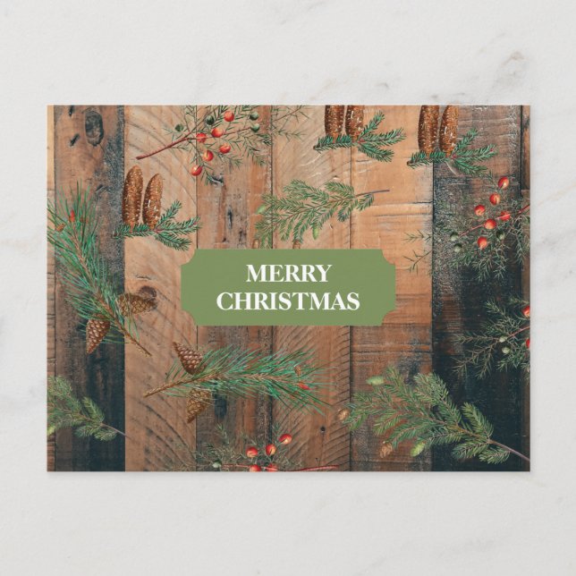 Christmas Rustic Conifers Pine Wood Merry  Holiday Postcard (Front)
