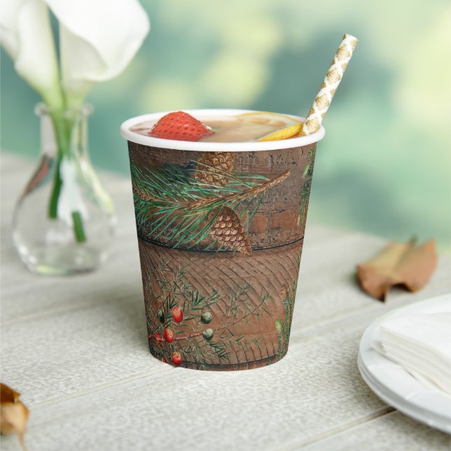 Christmas Rustic Conifers Pine Wood  Paper Cups (Insitu)