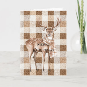 Christmas Rustic Cream Brown Plaid Deer Card