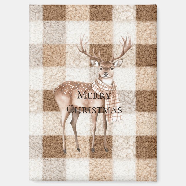 Christmas Rustic Cream Brown Plaid Deer Magnet (Front)