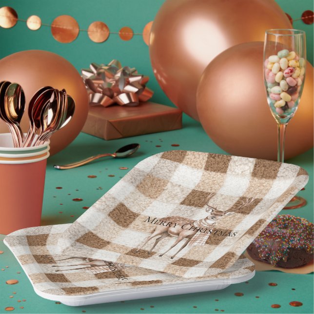 Christmas Rustic Cream Brown Plaid Deer Paper Plate (Multi)