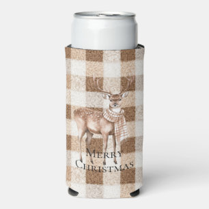 Christmas Rustic Cream Brown Plaid Deer Seltzer Can Cooler