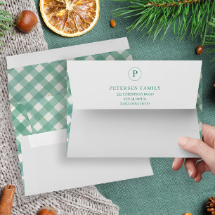 Christmas rustic elegant green plaid monogrammed envelope