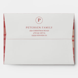 Christmas rustic elegant red plaid monogrammed envelope