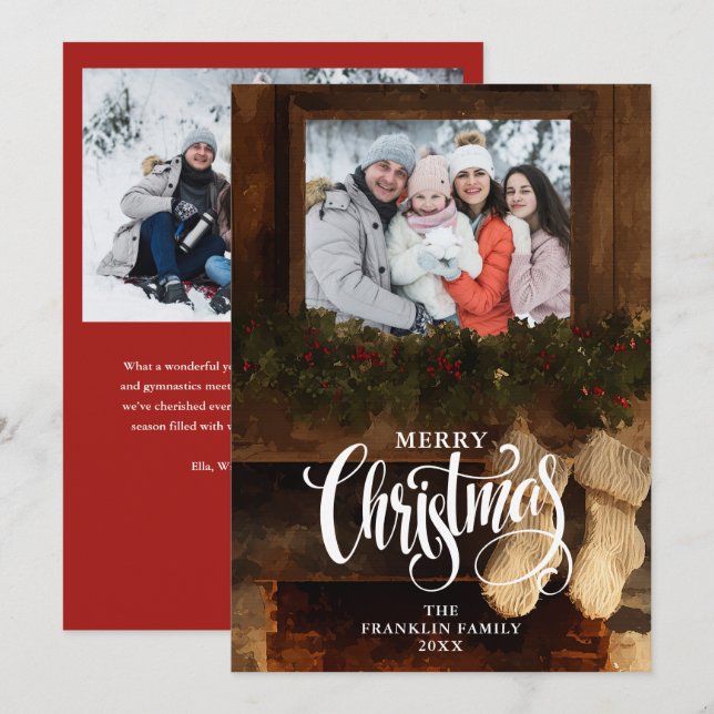 Christmas Rustic Fireplace 2 Photo Holiday Card (Front/Back)