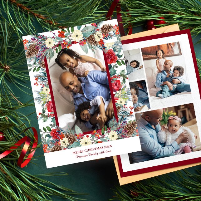 Christmas rustic floral 5 photo collage burgundy holiday card (Creator Uploaded)