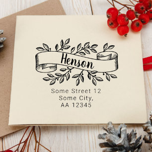 Christmas Rustic Foliage Ribbon Family Address Rubber Stamp