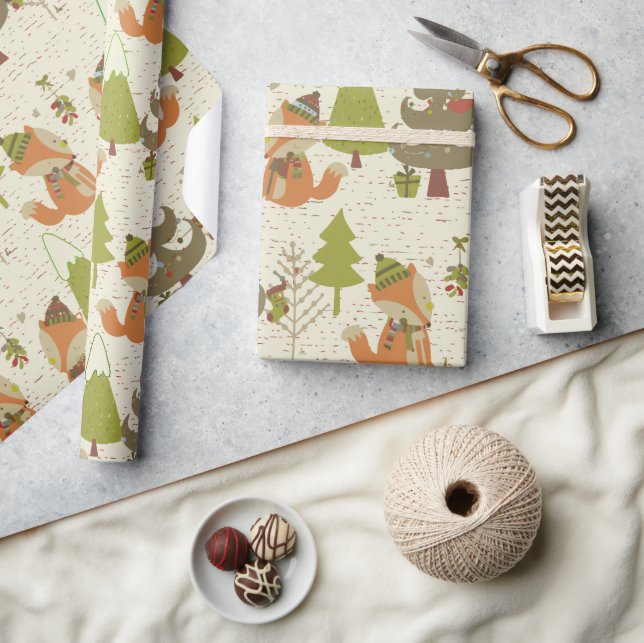 Christmas Rustic foxes and trees Wrapping Paper (Crafts)