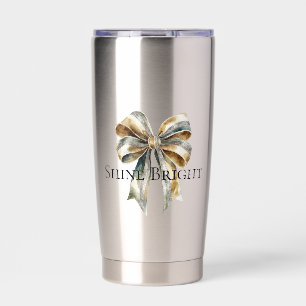 Christmas Rustic Green Gold Bow Personalised Insulated Tumbler