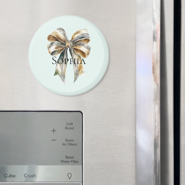 Christmas Rustic Green Gold Bow Personalised Magnet (In Situ (Fridge))