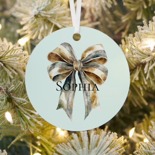 Christmas Rustic Green Gold Bow Personalised Metal Tree Decoration (Insitu)