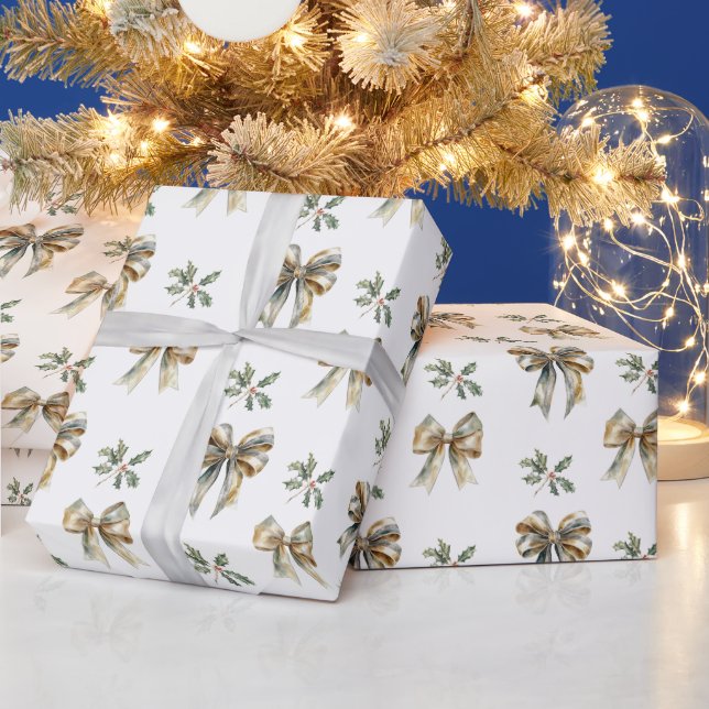 Christmas Rustic Green Gold Bows Holly Wrapping Paper (Holidays)