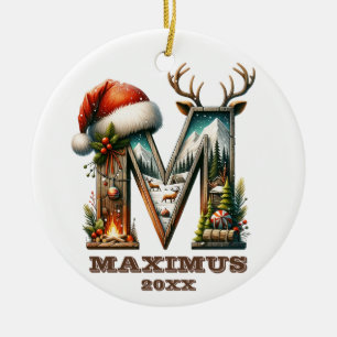 Christmas Rustic Letter M Festive Woodland Charm Ceramic Tree Decoration