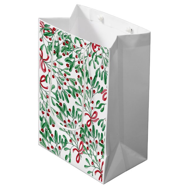 Christmas Rustic Mistletoe Watercolor Hand-painted Medium Gift Bag (Front Angled)