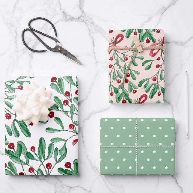 Christmas Rustic Mistletoe Watercolor Hand-painted Wrapping Paper Sheet (Front)