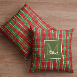 Christmas Rustic Monogram Green Holiday Plaid Cushion
