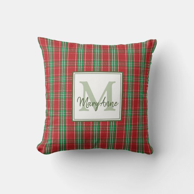 Christmas Rustic Monogram Red Holiday Plaid Cushion (Front)