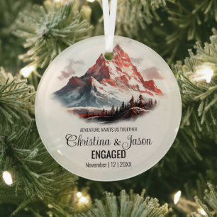 Christmas Rustic Mountain Range Couple Engage Red Glass Tree Decoration