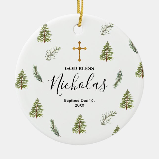 Christmas Rustic Pine Trees Baptism God Bless  Ceramic Tree Decoration (Front)