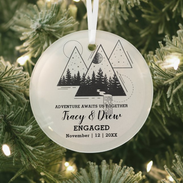 Christmas Rustic Pine Trees Couple Engaged Black Glass Tree Decoration (Insitu)
