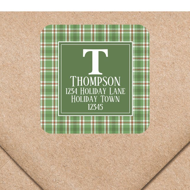 Christmas Rustic Plaid Holiday Return Address  Square Sticker (Christmas green and red plaid return address label with monogram and name. )